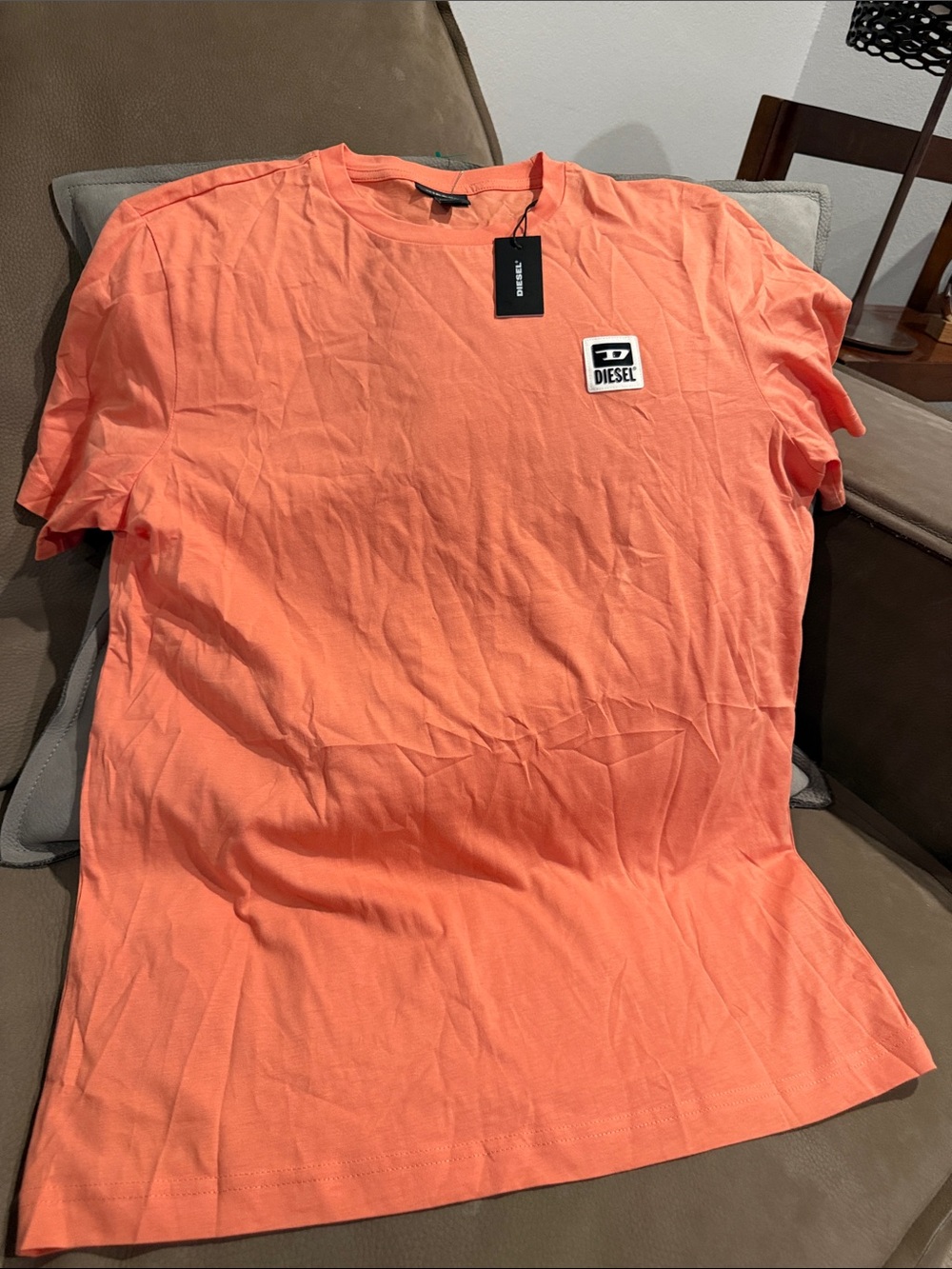 Diesel Coral-Orange Short Sleeve Crew T-Shirt with Logo Patch